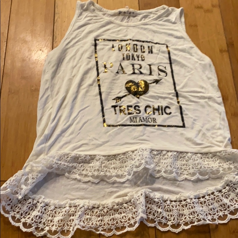 White tank top with lace and gold lettering